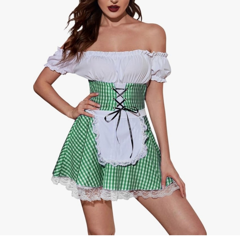 Green and White Off-Shoulder Dress with Lace-Up Detail